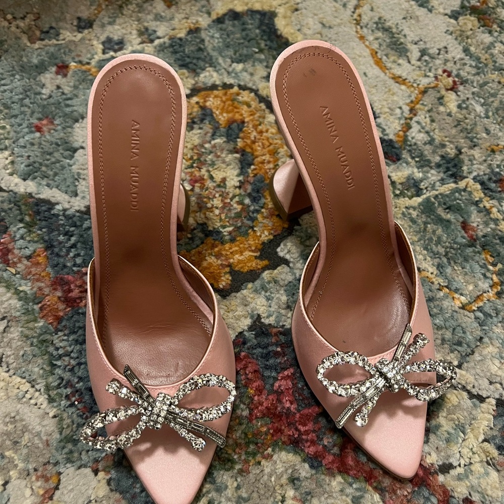 Amina Muaddi Pink Satin Crystal Bow Mules - Picture 3 of 11